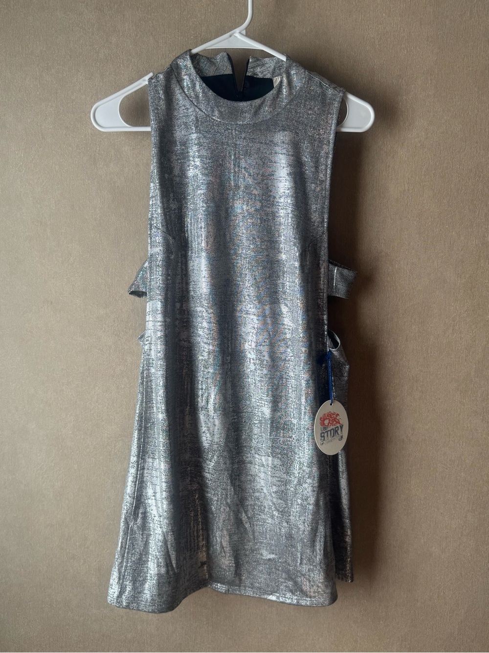 Silver Metallic Mock-Neck Girls' Party Dress